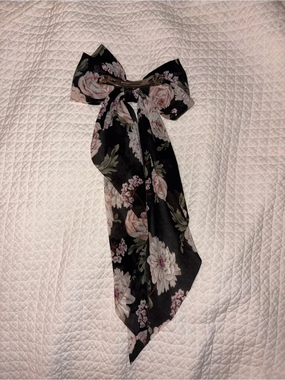 Floral Black Bow Hair Scarf - Elegant Pink Rose Print